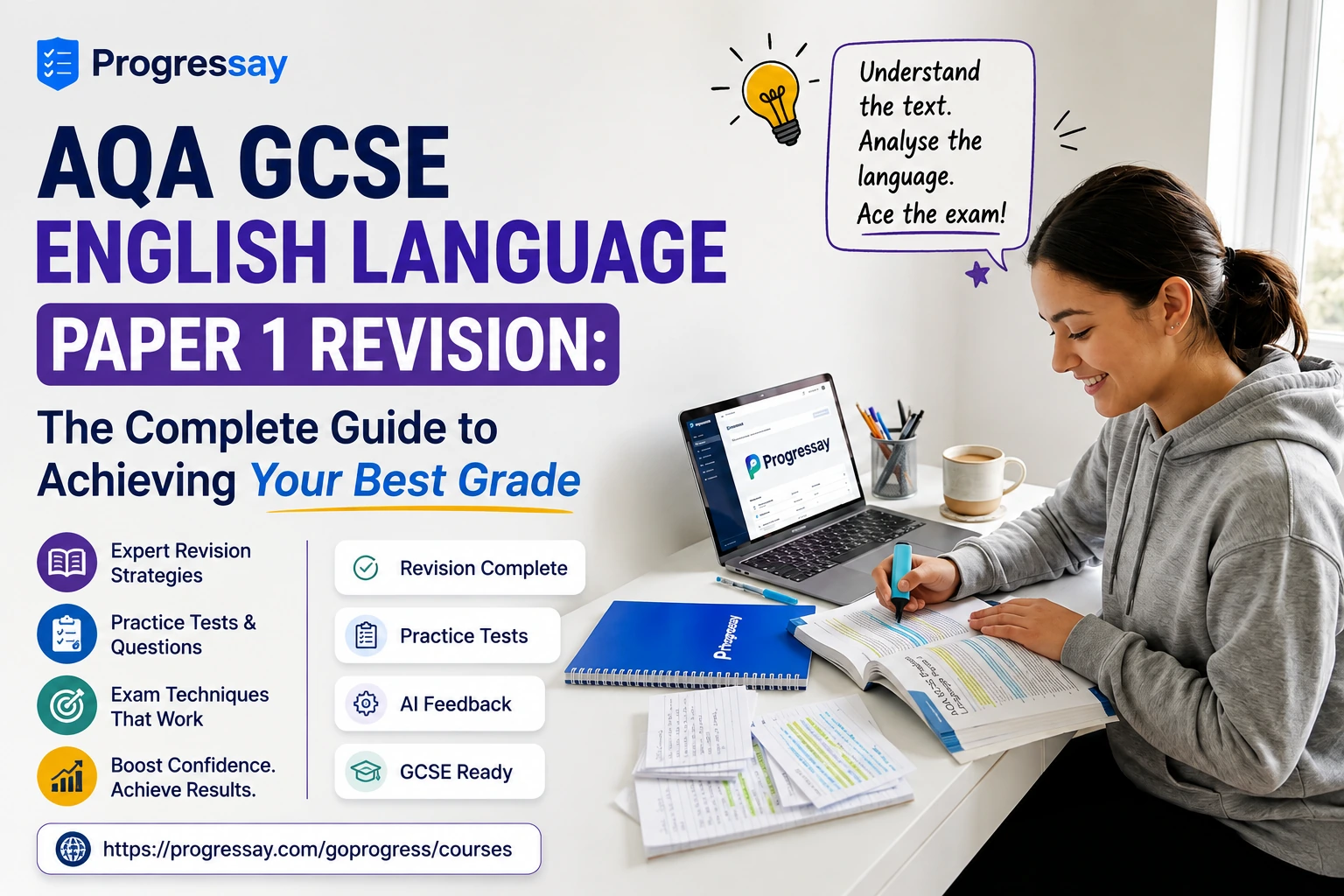 Student revising for AQA GCSE English Language Paper 1 using notes and practice papers.